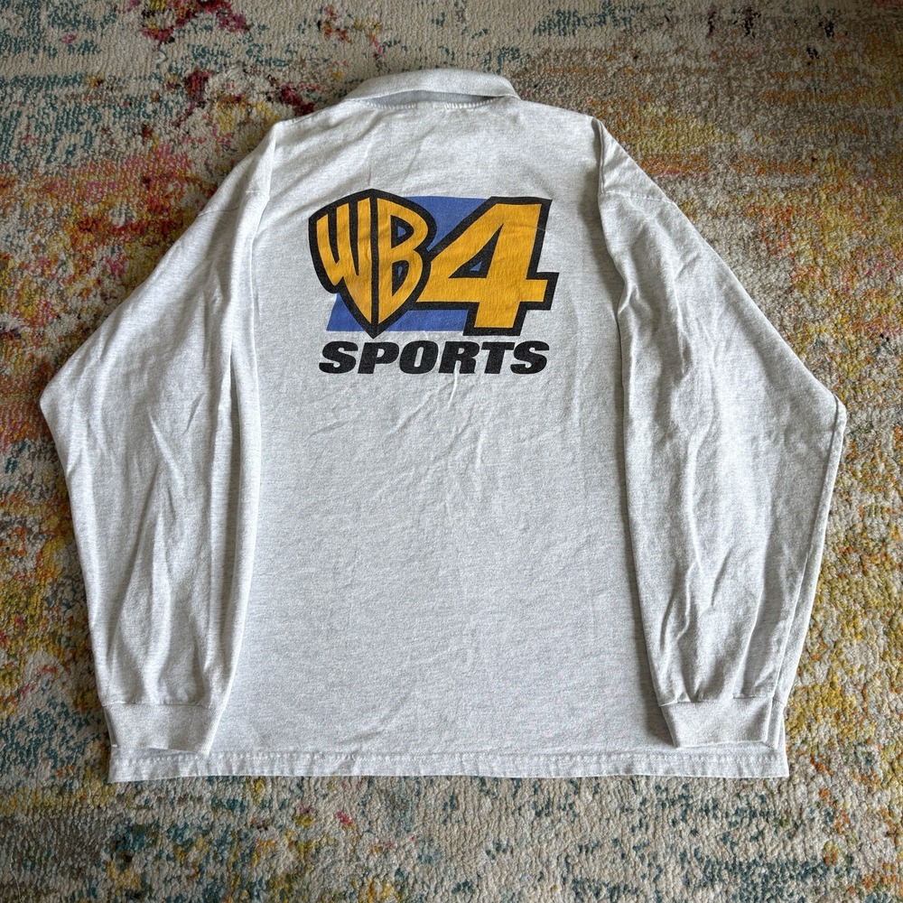 Vintage WB4 Sports Warner Bros Long Sleeve Polo Shirt Mens XL Grey Promo